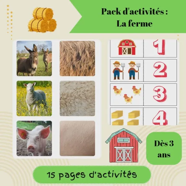 Pack de 15 activités à imprimer sur le thème de la ferme avec jeux de numération, association, observation et découverte des animaux dès 3 ans.