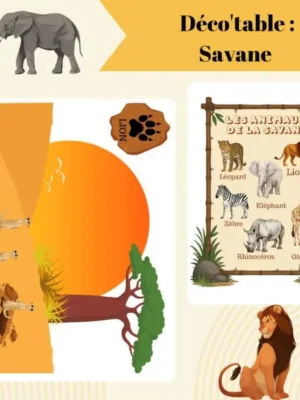 Couverture d'un pack Déco'table PDF sur le thème de la savane avec une affiche des animaux de la savane, des éléments de décor et des illustrations de safari.