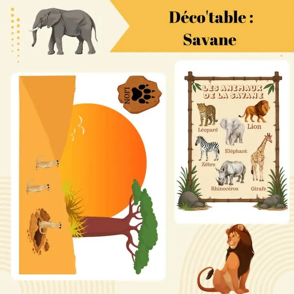 Couverture d'un pack Déco'table PDF sur le thème de la savane avec une affiche des animaux de la savane, des éléments de décor et des illustrations de safari.
