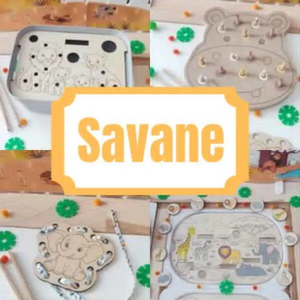 Collection Savane – Supports pédagogiques et activités éducatives Montage présentant plusieurs activités éducatives en bois sur le thème de la savane, avec le titre « Savane ». On y retrouve des inserts sensoriels, un plateau à chevilles, une carte à lacer et un jeu d'association d'animaux pour développer la motricité fine et les apprentissages des jeunes enfants.