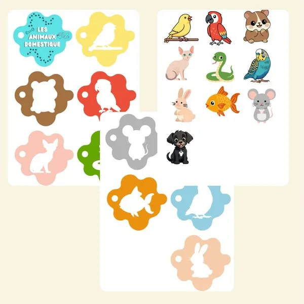 Page intérieure du carnet des couleurs « Les animaux domestiques » présentant les silhouettes colorées à associer aux animaux correspondants.