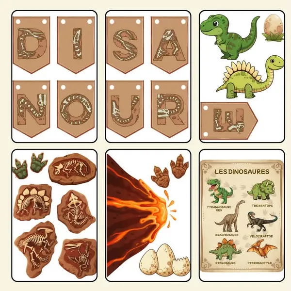 Kit de décoration de table sur le thème des dinosaures comprenant une banderole « DINOSAUR », un volcan, des fossiles, une affiche éducative, des empreintes, des œufs de dinosaures et des illustrations à imprimer.