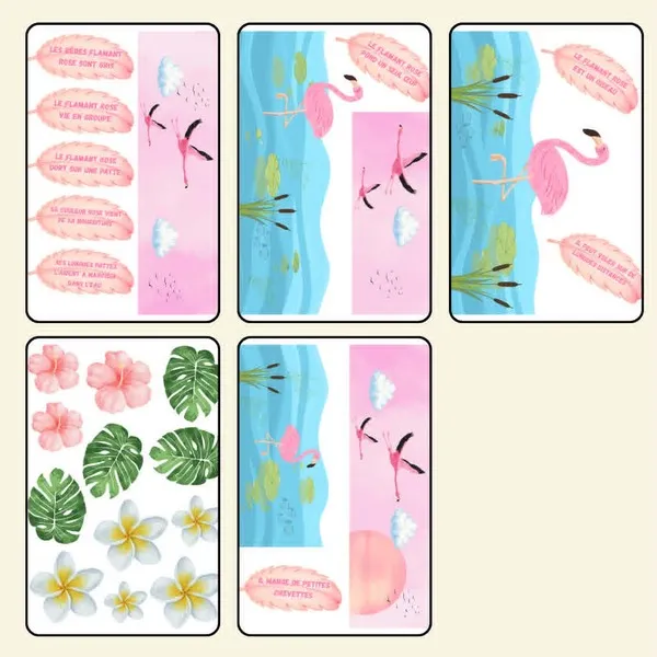 Planche présentant tous les éléments de la Déco'Table Flamant rose : fanions, frises décoratives, illustrations, fleurs tropicales, feuilles et plumes contenant des informations sur le flamant rose.