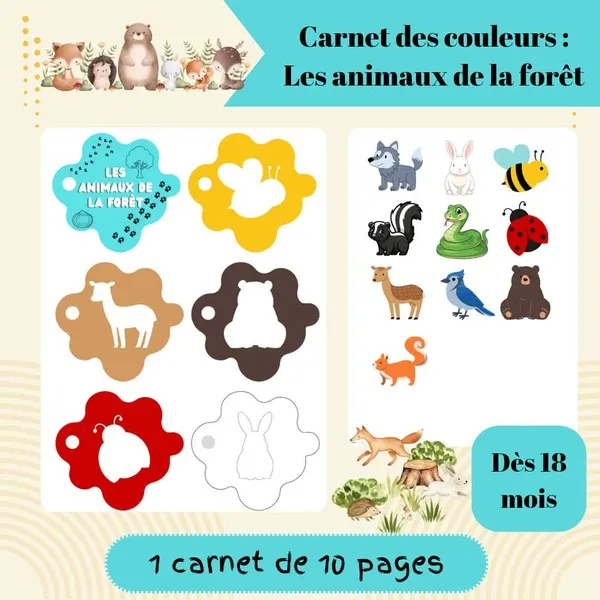 Couverture d'un carnet des couleurs sur le thème des animaux de la forêt avec différents animaux à associer à leur couleur.