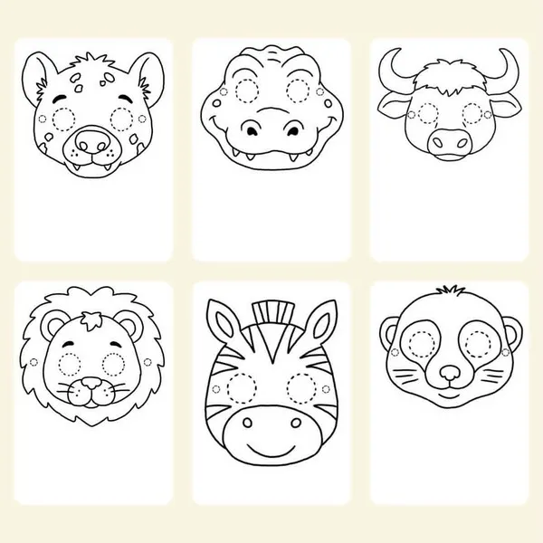 Planche de six masques d'animaux de la savane à colorier représentant une hyène, un crocodile, un buffle, un lion, un zèbre et une mangouste.