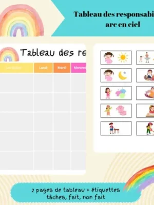 Aperçu d'un tableau des responsabilités à imprimer sur le thème de l'arc-en-ciel, avec un planning hebdomadaire et des étiquettes illustrées représentant différentes tâches du quotidien.