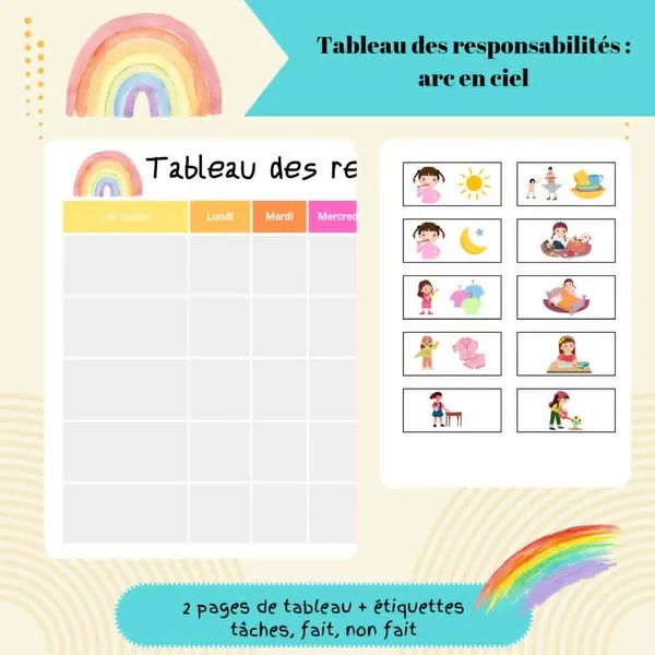 Aperçu d'un tableau des responsabilités à imprimer sur le thème de l'arc-en-ciel, avec un planning hebdomadaire et des étiquettes illustrées représentant différentes tâches du quotidien.