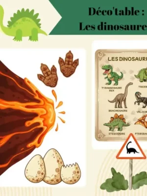 Décoration de table sur le thème des dinosaures comprenant un volcan en éruption, des empreintes, des œufs de dinosaures, une affiche pédagogique et un panneau de signalisation à imprimer.