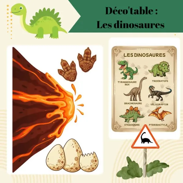 Décoration de table sur le thème des dinosaures comprenant un volcan en éruption, des empreintes, des œufs de dinosaures, une affiche pédagogique et un panneau de signalisation à imprimer.