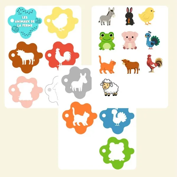 Page intérieure du carnet des couleurs « Les animaux de la ferme » avec les pièces colorées et les illustrations des animaux à associer.