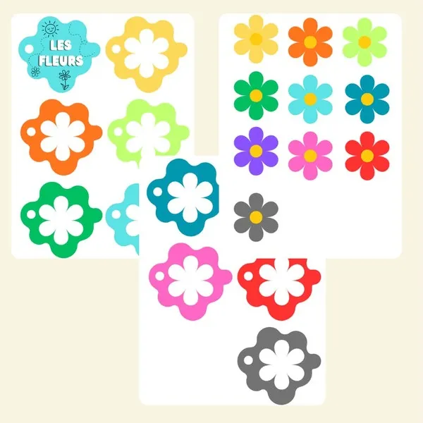 Pages intérieures du carnet des couleurs « Les fleurs » avec des fleurs colorées et des étiquettes de couleurs à associer.