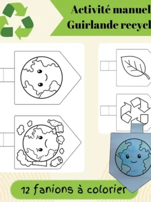 Présentation de l'activité manuelle PDF « Guirlande recyclage » avec plusieurs fanions à colorier représentant la planète, une planète polluée, une feuille et le symbole du recyclage, ainsi qu'un exemple de fanion assemblé.