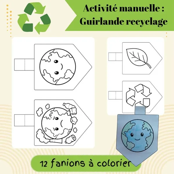 Présentation de l'activité manuelle PDF « Guirlande recyclage » avec plusieurs fanions à colorier représentant la planète, une planète polluée, une feuille et le symbole du recyclage, ainsi qu'un exemple de fanion assemblé.