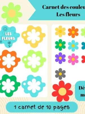 Couverture d'un carnet des couleurs sur le thème des fleurs avec différentes fleurs colorées à associer à leur couleur.