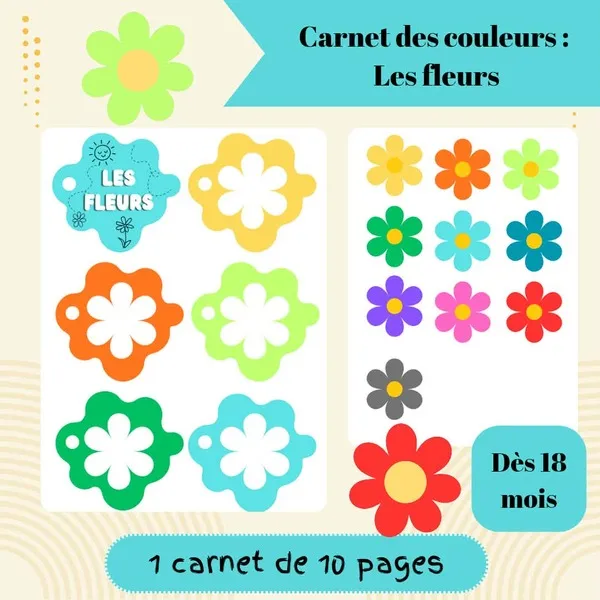 Couverture d'un carnet des couleurs sur le thème des fleurs avec différentes fleurs colorées à associer à leur couleur.