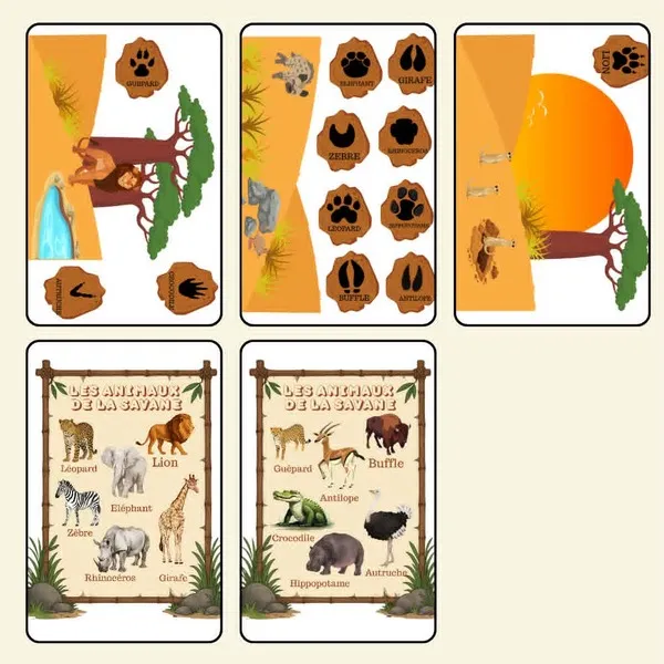 Ensemble d'affiches éducatives et d'éléments de décoration sur le thème de la savane comprenant des affiches des animaux, des empreintes, des panneaux décoratifs et des éléments de paysage.
