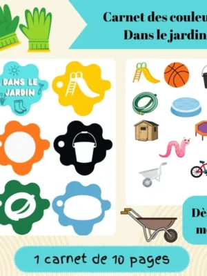 Couverture d'un carnet des couleurs sur le thème du jardin avec des objets du quotidien à associer à leur couleur.