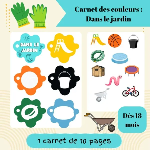 Couverture d'un carnet des couleurs sur le thème du jardin avec des objets du quotidien à associer à leur couleur.