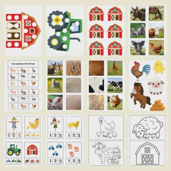 Aperçu des 15 activités du pack La ferme avec jeux de numération, loto, association, discrimination visuelle, coloriages et observation des animaux de la ferme.