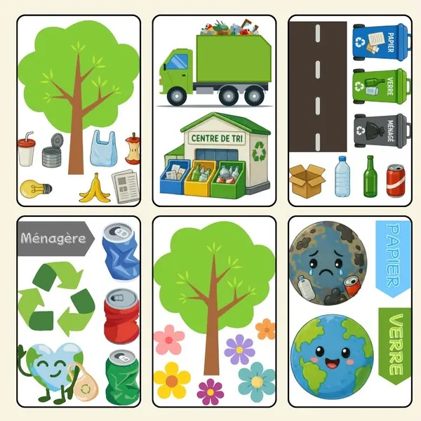 Planche présentant l'ensemble des éléments du fichier PDF Déco'table « Recyclage » : arbres, route, camion de collecte, centre de tri, poubelles de tri, déchets, logos, panneaux et décorations sur le thème du recyclage.