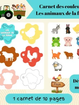 Couverture du carnet des couleurs « Les animaux de la ferme » présentant des animaux de la ferme à associer à leur couleur.