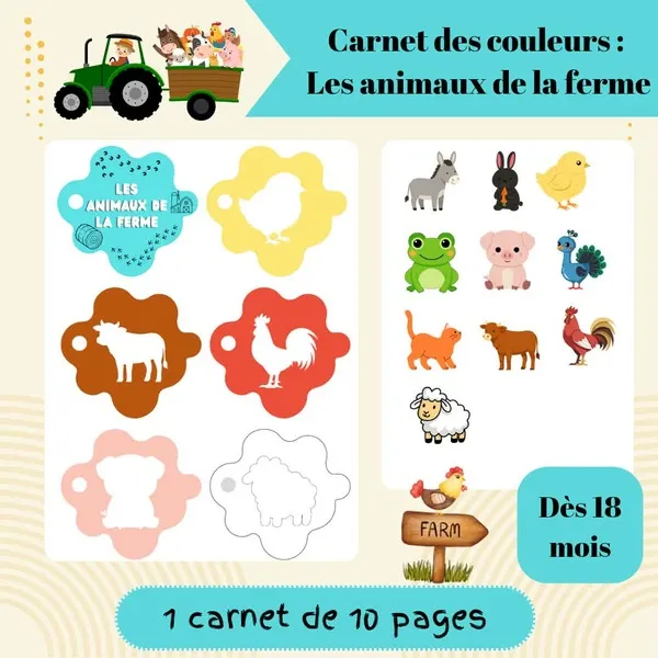 Couverture du carnet des couleurs « Les animaux de la ferme » présentant des animaux de la ferme à associer à leur couleur.