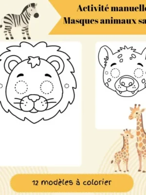 Couverture d'une activité manuelle PDF proposant 12 masques d'animaux de la savane à colorier, avec des illustrations de lion, hyène, zèbre et girafes.