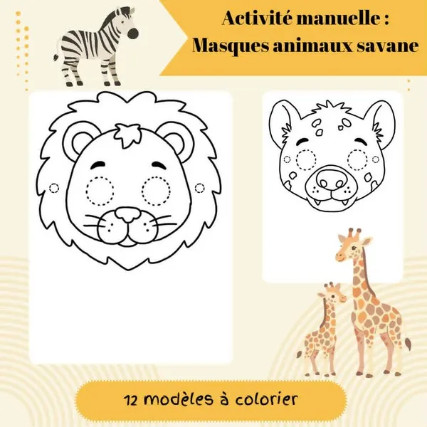 Couverture d'une activité manuelle PDF proposant 12 masques d'animaux de la savane à colorier, avec des illustrations de lion, hyène, zèbre et girafes.
