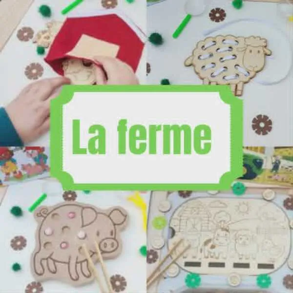 Collection La ferme – Supports pédagogiques en bois et feutrine Montage photo présentant la collection La ferme avec une pochette sensorielle en feutrine, une carte à lacets mouton, un plateau pic cochon et un insert Trofast sur le thème des animaux de la ferme.