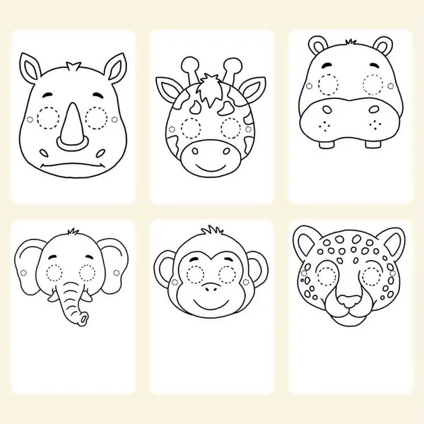 Planche de six masques d'animaux de la savane à colorier représentant un rhinocéros, une girafe, un hippopotame, un éléphant, un singe et un léopard.