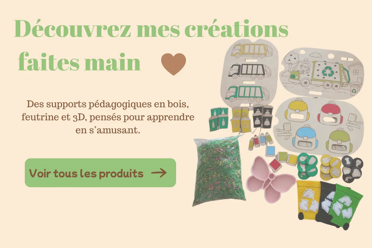 Bannière « Découvrez mes créations faites main » présentant une sélection de supports pédagogiques artisanaux en bois, feutrine et impression 3D.
