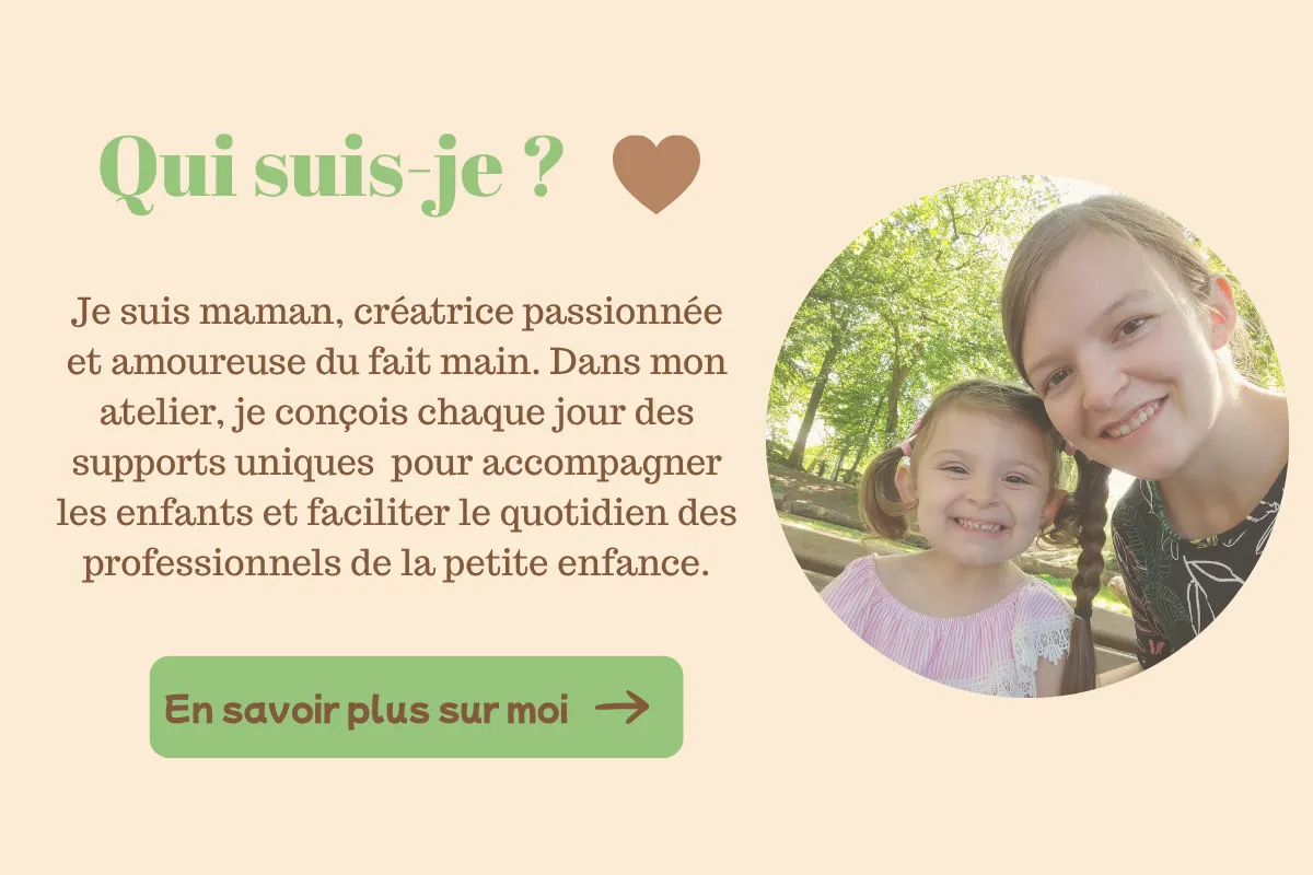 Bannière « Qui suis-je ? » présentant la créatrice et sa fille, avec un court texte de présentation et un bouton « En savoir plus sur moi ».