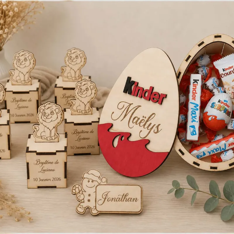 Créations personnalisées en bois pour fêtes et événements : boîtes à dragées de baptême, œuf de Pâques garni et marque-place de Noël.