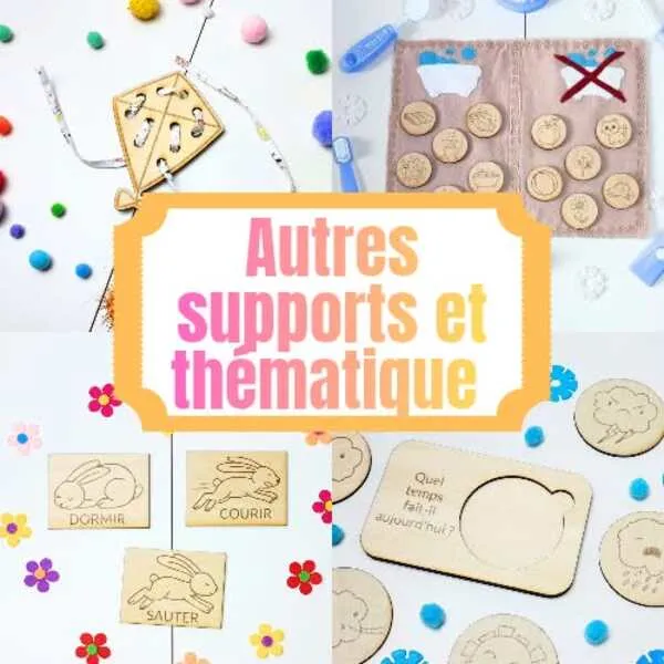 Autres supports pédagogiques et thématiques Montage présentant plusieurs supports pédagogiques artisanaux en bois et en feutrine sur différents thèmes : météo, motricité, tri et manipulation.