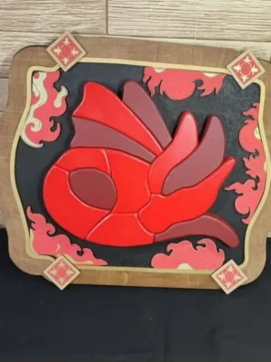 Cadre décoratif dragon rouge en bois avec éléments en relief