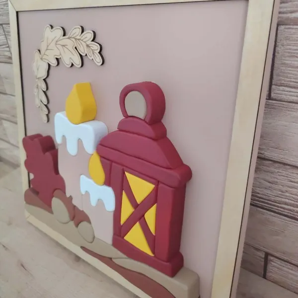 Cadre décoratif automnal en bois avec lanterne et bougies en relief