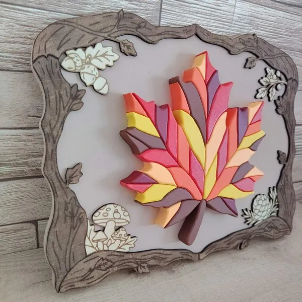 Cadre décoratif Feuille d’Automne en bois, vue de côté
