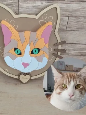 Portrait personnalisé d’un chat roux et blanc réalisé en bois façon puzzle