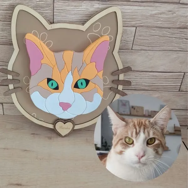 Portrait personnalisé d’un chat roux et blanc réalisé en bois façon puzzle