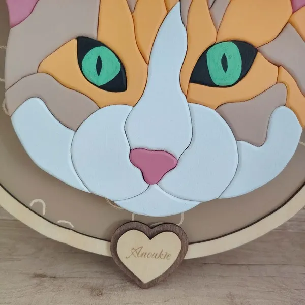 Détail du portrait personnalisé de chat en bois avec médaille prénom Anoukie