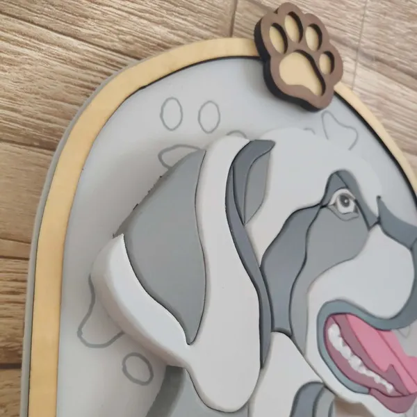 Détail portrait de chien personnalisé en bois avec relief – Negan