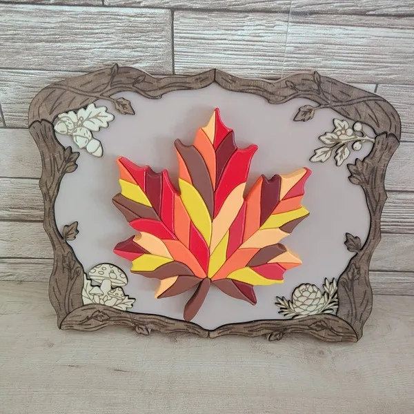 Cadre décoratif feuille d’automne en bois coloré